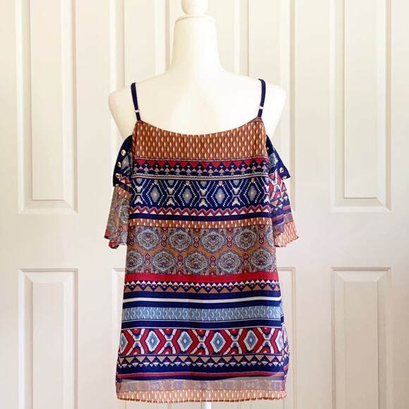 Coco & Carmen Top Blouse Siren Vibrant Print Short Sleeve Cold Shoulder L/XL NEW - Picture 4 of 13